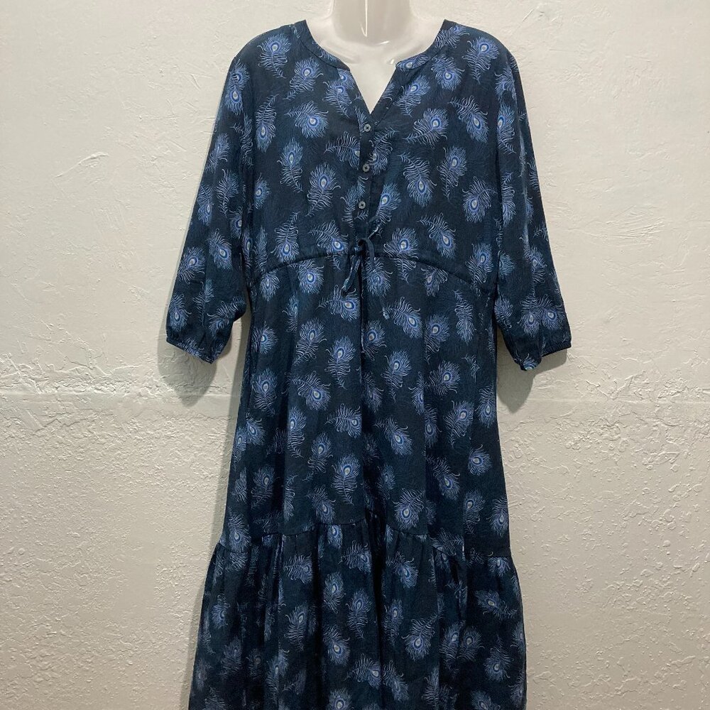 Barbour Pippa Long Dress 3/4 Sleeve Tiered Blue Peacock Feather Pocket US 8